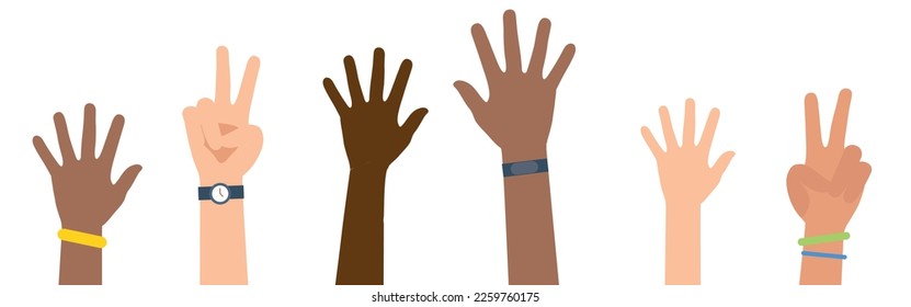 Multi-ethnic and Diverse Hands Raised Up Isolated on White Background. Vector Illustration