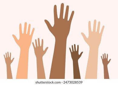Multiétnico Manos diversas levantadas Vector ilustración de stock