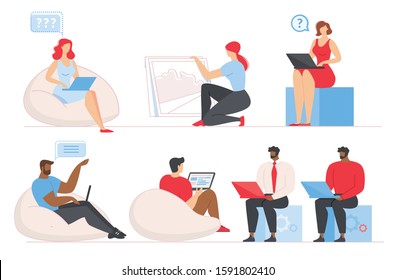 Multi-Ethnic Diverse People Work on Laptop Set. Cartoon Male and Female Programmers and Designers Characters. Data Analysis. Coworker Community. Office Situations. Flat Workspace. Vector Illustration