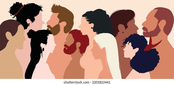 Multi-ethnic diversity. Coexistence and multicultural community integration. A crowd of people with diverse cultures and countries. Flat cartoon.