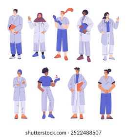 Multiethnic Doctor Man and Woman Character Working in Hospital Vector Set