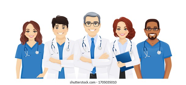 Multiethnic doctor team group with leader isolated vector illustration