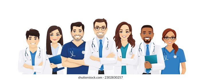 Grupo multiétnico del equipo médico con el líder ilustrado vectorial aislado