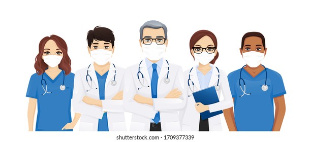 Multiethnic doctor team group wearing protective medical mask isolated vector illustration