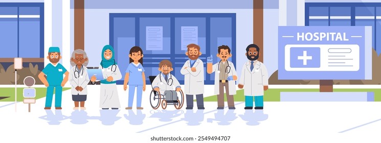 Multiethnic doctors and nurses group over hospital building. Medical flat vector illustration