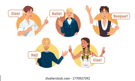 Multiethnic European young men & women characters saying hello in different languages. Diverse people greet gesture & wave hands. International friendship & communication set. Flat vector illustration