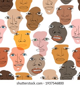 Multi-ethnic faces seamless pattern. Different ethnicity men - Caucasian, African, Asian. Abstract faces