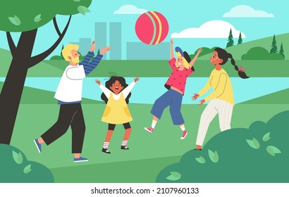 Multiethnic family playing sports games together outdoors, cartoon flat vector illustration. Cityscape background with family playing ball in city park.