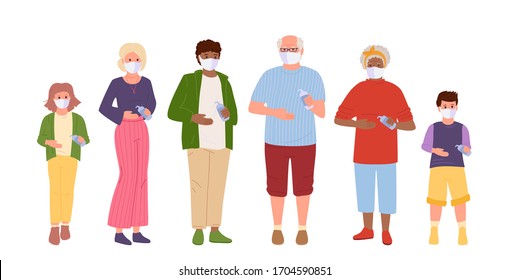 Multiethnic family protected virus. Use an antiseptic, wear medical masks. Save health mom, dad, son and daughter. Grandpa and Grandma Protection from coronavirus. Vector illustration