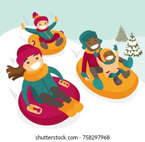 Multiethnic family sliding down the hill on tubes in winter park. African father and Caucasian mother with kids enjoying a ride on inflatable sledges. Vector isolated cartoon illustration.