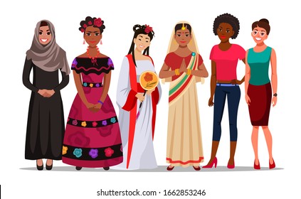 Multi-ethnic feminine community. International women day. Young girl characters of different age, race, outfit standing together. Vector illustration isolated on white