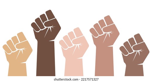 Multiethnic fists. Multiple hands raised with closed fists symbolizing black lives. Vector illustration.