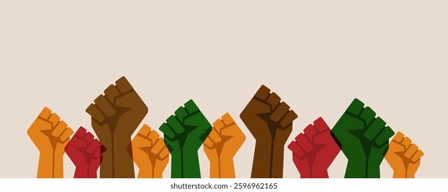Multiethnic fists. Multiple hands raised with closed fists symbolizing black lives. Vector illustration.