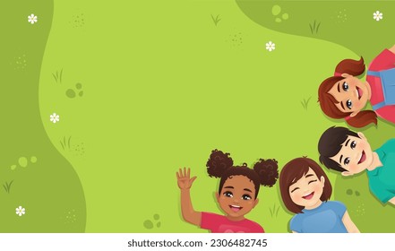 Amigos multiétnicos. Diferentes niños y niñas yacen juntos en la hierba. Ilustración vectorial aislada del día de los niños felices de verano