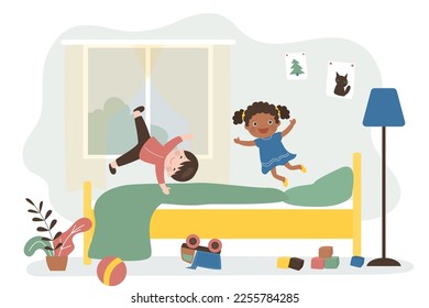 Multiethnic friends jump on bed. Happy children have fun in children room. Cute children play and jump in bedroom. Boy and girl have active games indoors. Pampering and pranks of funny kids. vector