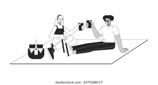 Multiethnic friends picnic black and white 2D line cartoon characters. Caucasian female and latin male outing isolated vector outline people. Eating outdoors monochromatic flat spot illustration