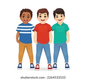 Multiethnic friends. Three different male kid faces. Asian, African and caucasian boys standing hugging together isolated vector illustration