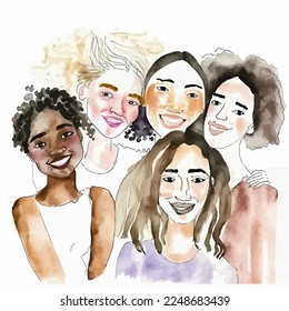 Multi-ethnic gathering of cool, laid-back young women, illustrating friendship and diversity. Ideal for a positive and optimistic illustration.