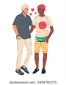 Multiethnic Gay Man Couple Isolated. Young Homosexual Couple Hugging Holding Hands. Two LGBT Male People Embrace and Looking Each Other. LGBT Pride, Gender Identity. Cartoon Flat Vector Illustration