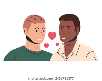 Multiethnic Gay Man Couple Isolated. Young Homosexual Couple Hugging Holding Hands. Two LGBT Male People Embrace and Looking Each Other. LGBT Pride, Gender Identity. Cartoon Flat Vector Illustration