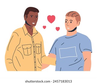 Multiethnic Gay Man Couple Isolated. Young Homosexual Couple Hugging Holding Hands. Two LGBT Male People Embrace and Looking Each Other. LGBT Pride, Gender Identity. Cartoon Flat Vector Illustration