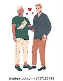 Multiethnic Gay Man Couple Isolated. Young Homosexual Couple Hugging Holding Hands. Two LGBT Male People Embrace and Looking Each Other. LGBT Pride, Gender Identity. Cartoon Flat Vector Illustration