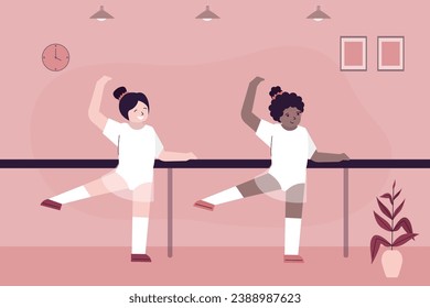 Multiethnic girls ballet dancer training in class. cartoon female characters. little ballerina girls learning new dance. Cute kids in ballet class. flat vector illustration