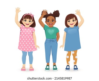 Multiethnic girls friends standing. Three different female kids waving hands isolated vector illustration