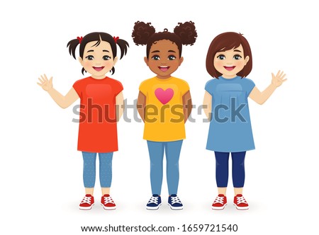 Multiethnic girls friends. Three different female kid faces. Asian, african and caucasian standing isolated vector illustration