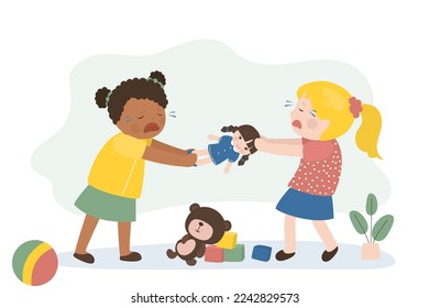 Multiethnic girls pulling doll, relationship problem. Preschooler children cannot share one toy. Little girls cry and fight over toys. Friends quarreled. Negative emotions. Flat vector illustration