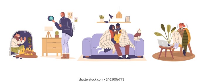 Multi-ethnic Group Of Characters In A Living Room Setting, All Trying To Stay Warm During Cold Weather