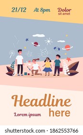 Multiethnic group of children drawing with crayons, paintbrushes, paints. Happy kids painting on wall. Vector illustration for childhood, imagination, leisure concept