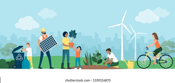 Multiethnic group choosing a sustainable eco-friendly lifestyle: people collecting and recycling waste in a park, growing plants and using renewable energies, ecology and cooperation concept