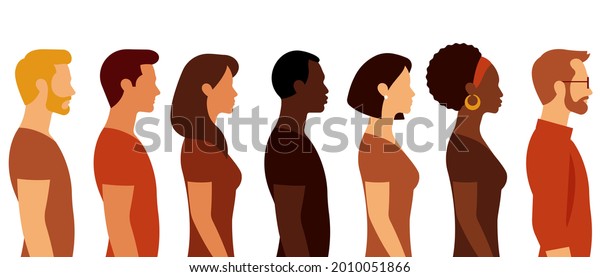 Multi-ethnic group\
of different people. Handsome men and beautiful women. The Line of\
people one direction. Abstract portraits, side view, isolated.\
Modern vector\
illustration.