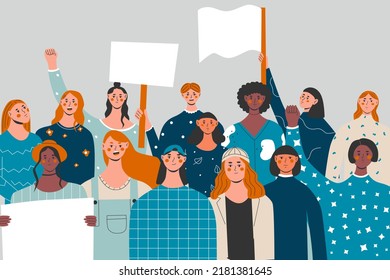 Grupo multiétnico de manifestantes marchando con carteles. Manifestación de mujeres, primer feminismo. Sindicato de derechos de la mujer, poder femenino y solidaridad. Ilustración vectorial plana en colores de moda.