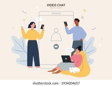 Multi-ethnic group of friends meeting over video chat, flat design illustration of friends reunion on video chat.