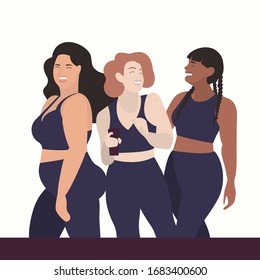 Multiethnic Group Of Healthy, Beautiful, Smiling, Curvaceous Woman In Sportswear. Body Positive. Sport Banner.