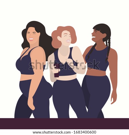 Multiethnic group of healthy, beautiful, smiling, curvaceous woman in sportswear. Body positive. Sport banner.