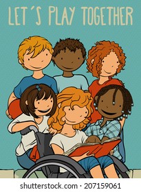 Multiethnic Group Of Kids (And Child Using A Wheelchair) Playing Together -  Poster Illustration For Children,Vector Cartoon About Difference.