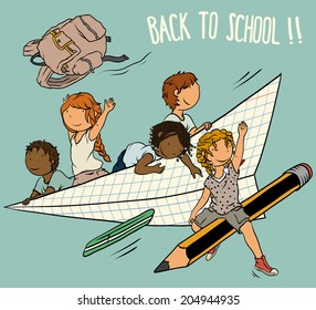Multiethnic Group of  Kids  -  Back to School Theme, Illustration for Children, Vector Cartoon.