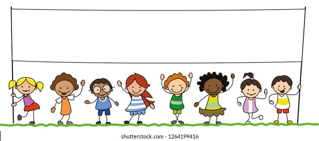 multiethnic group of kids holding blank banner illustration