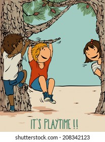 Multiethnic Group of Kids Playing Outdoors -  Illustration for Children, Vector Cartoon