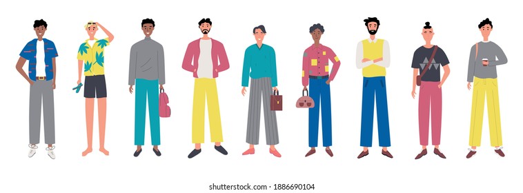 Multiethnic group of man isolated on white background. Multinational men standing together. Vector illustration in flat style.