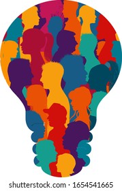 Multiethnic group of many people forming a light bulb.Sharing ideas thoughts and information.Communication and connection.Social network.Socialize.Population that speaks.Diverse culture
