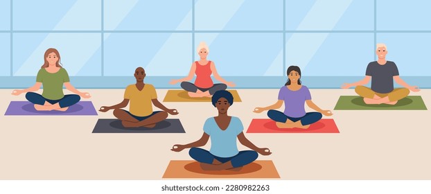 Multiethnic group men and woman sitting together in the lotus position. People practicing meditation and yoga, healthy lifestyle and spirituality. Yoga class concept. Flat vector illustration