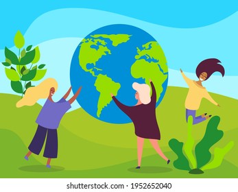 A multi-ethnic group of people collaborating in the field of environmental protection. They support the earth together. Vector illustration in a flat style.