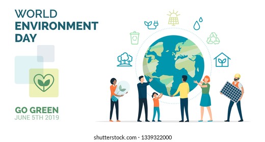 Multiethnic group of people cooperating for a sustainable eco-friendly lifestyle on world environment day: they are supporting planet earth, recycling and choosing renewable resources 