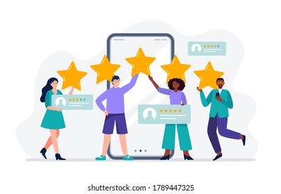 A multiethnic group of people evaluating app, product, service. People giving five stars. User experience feedback concept. Trendy vector flat illustration.