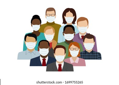 Multiethnic group of people in face masks. Vector illustration.