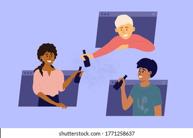 Multiethnic Group Of People Hang Out Online By Zoom, Video Call. Guys Drink Beverages From Bottles. Friends Talking Through Computer Window Frames. Party, Birthday, Virtual Meeting Vector Illustration